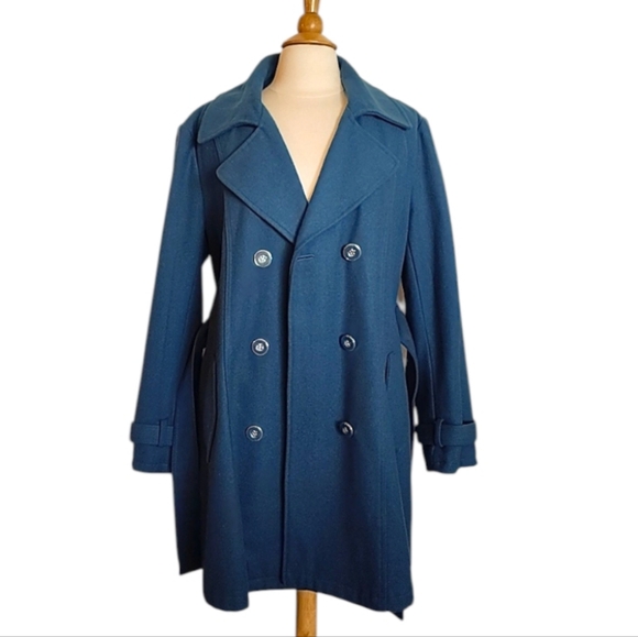 New York & Co. Womens Double-Breasted Wool Blend Teal Classic Trench Coat Belted - Picture 2 of 9